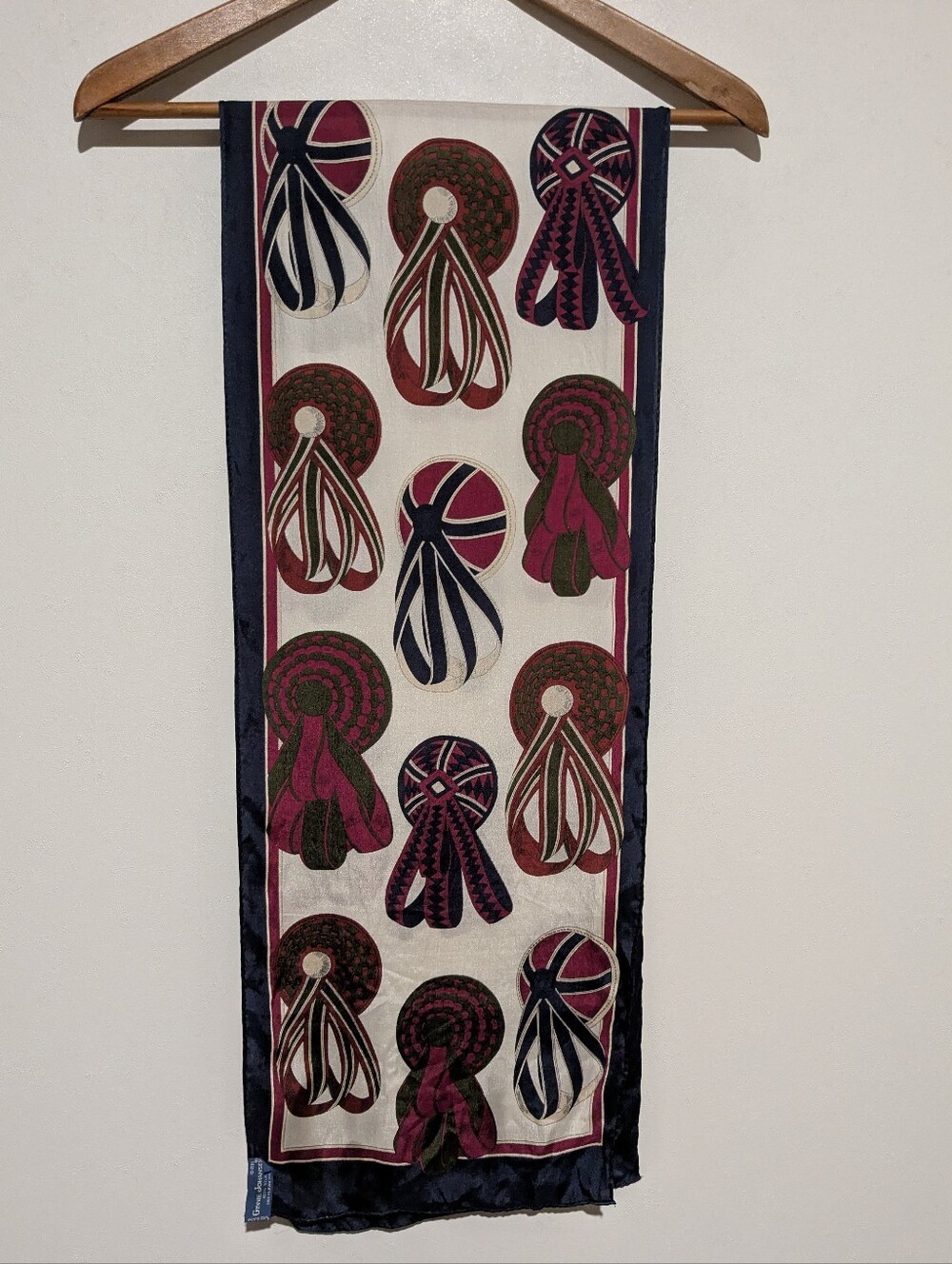 Vintage Ginnie Johansen Blue Maroon Red Cream Silk Rectangle Scarf 11 X 62 In